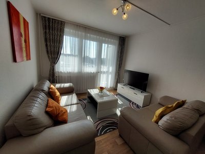 Wohnzimmer mit zwei Couchen und Fernseher