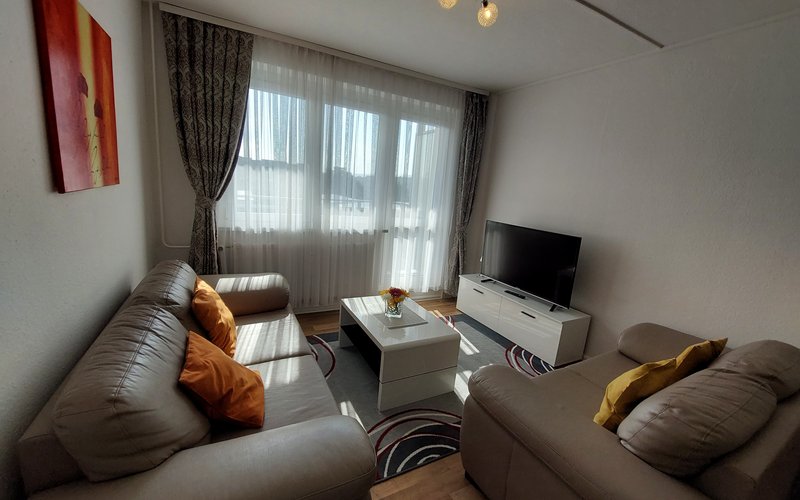 Wohnzimmer mit Couch, Sessel und Fernseher
